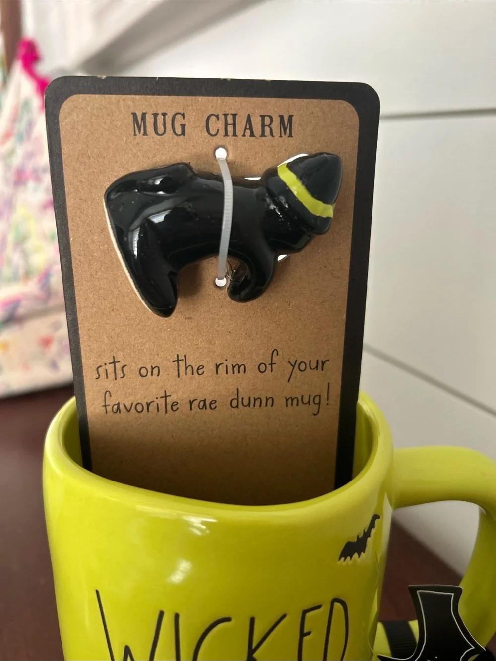 Rae Dunn Wicked Witch Lime Green Ceramic Mug with Black Cat Mug Charm NWT